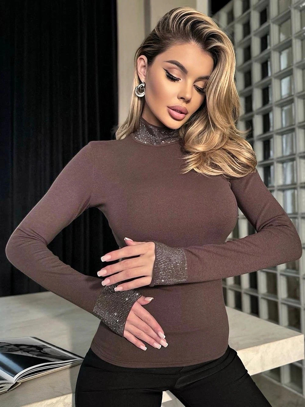 ASTR the Label Embellished Crossover Mock Neck Top Brown